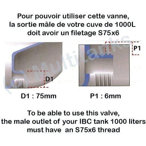 MULTITANKS Raccord S75x6 - Robinet Laiton Sortie 1'' 1/4 - 25 Mm Pour IBC GRV - 1'' 1/4 BSP 4 MULTITANKS Raccord S75x6 - Robinet Laiton Sortie 1'' 1/4 - 25 Mm Pour IBC GRV - 1'' 1/4 BSP – Image 2