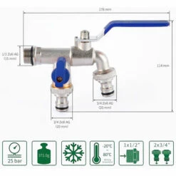 TINOR Robinet Haut De Gamme Avec Double Sortie, Robinet De Soutirage 1/2" X3/4" X3/4" – Résistant à La Rouille Et Au Gel Avec 2 Raccordements Tuyaux Pour Jardin, Machine à Laver Ou Citernes. -Recuperation de pluie Magasin 55018682 2